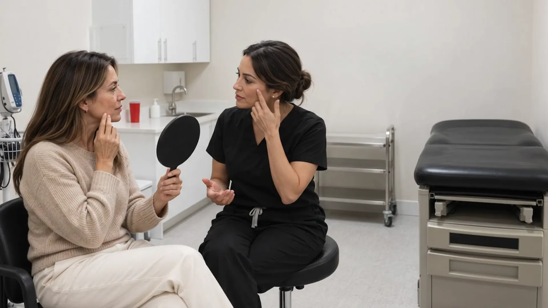 AI-generated concept in the real Fenix exam room, with model people: a seated aesthetic consultation; the patient holds a hand mirror and talks with the physician