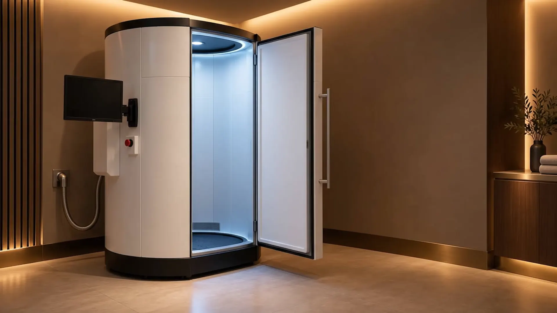 AI-generated visual concept: empty cryotherapy cabin with the door open, with no water immersion