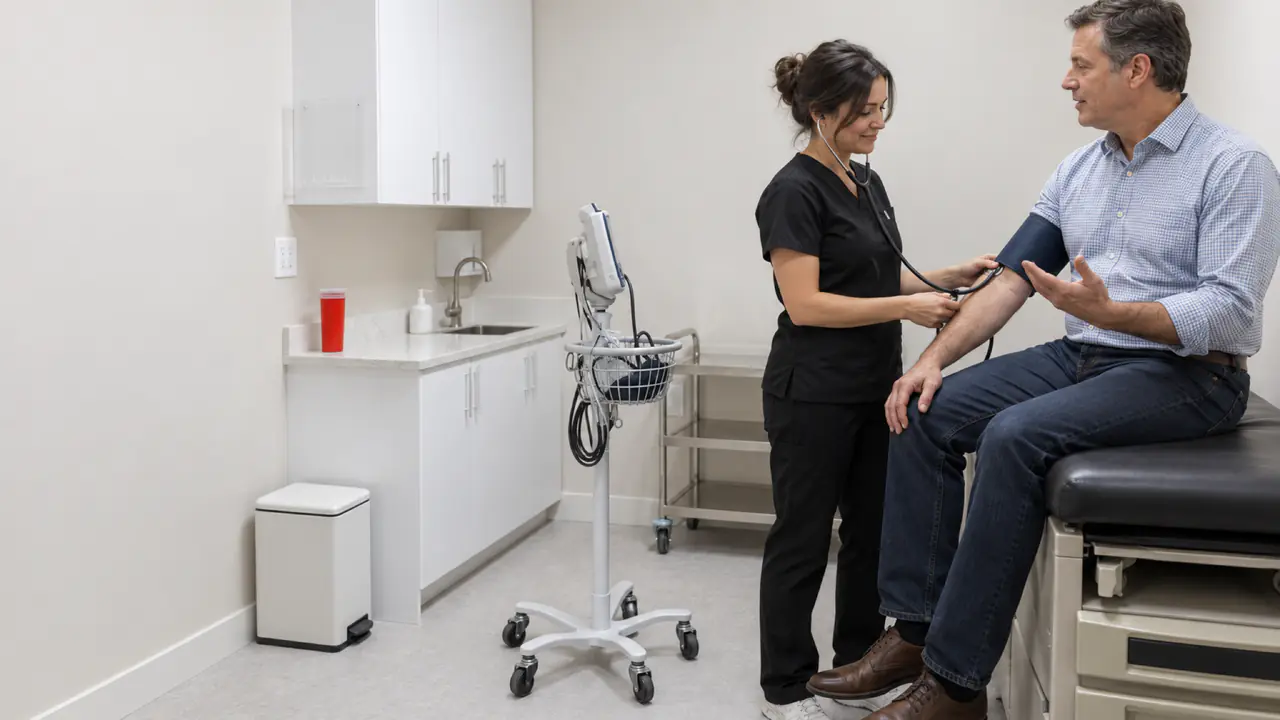 AI-generated concept in the real Fenix exam room, with model people: a physician takes a seated patient's blood pressure while they talk
