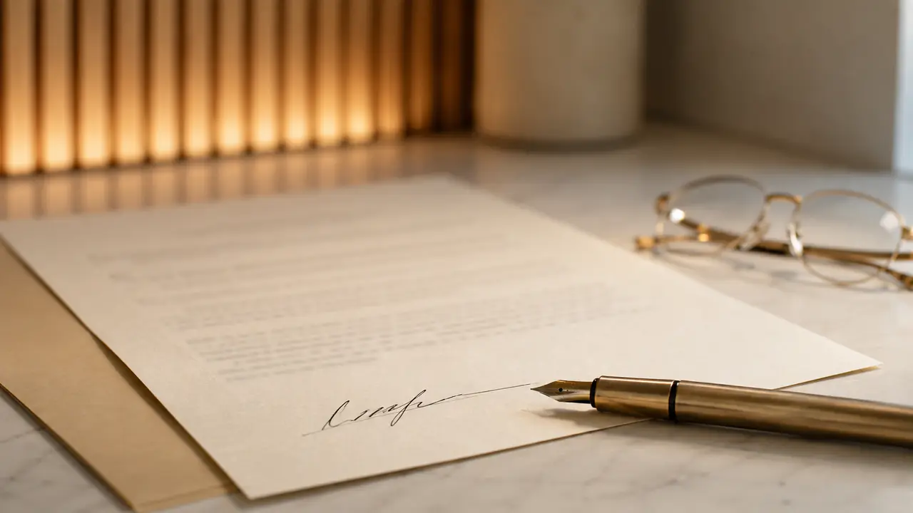 Concepto visual de un documento de consentimiento firmado sobre una mesa
