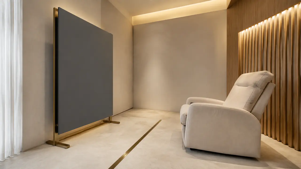 Conceptual visual of an empty red-light room, panel switched off and the distance marked on the floor
